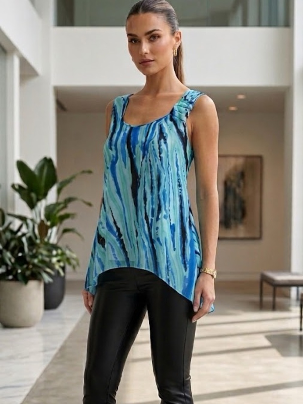 Blue Watercolor Print Sleeveless Women's Top